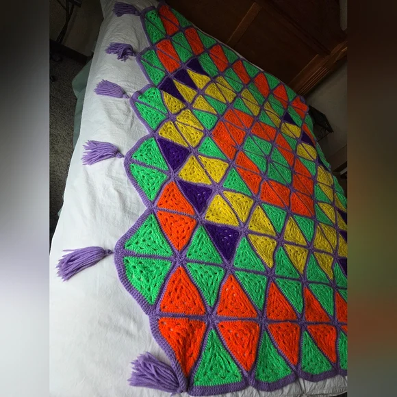 Vintage Colorful Geometric Handmade Crochet Blanket Afghan - Picture 11 of 14